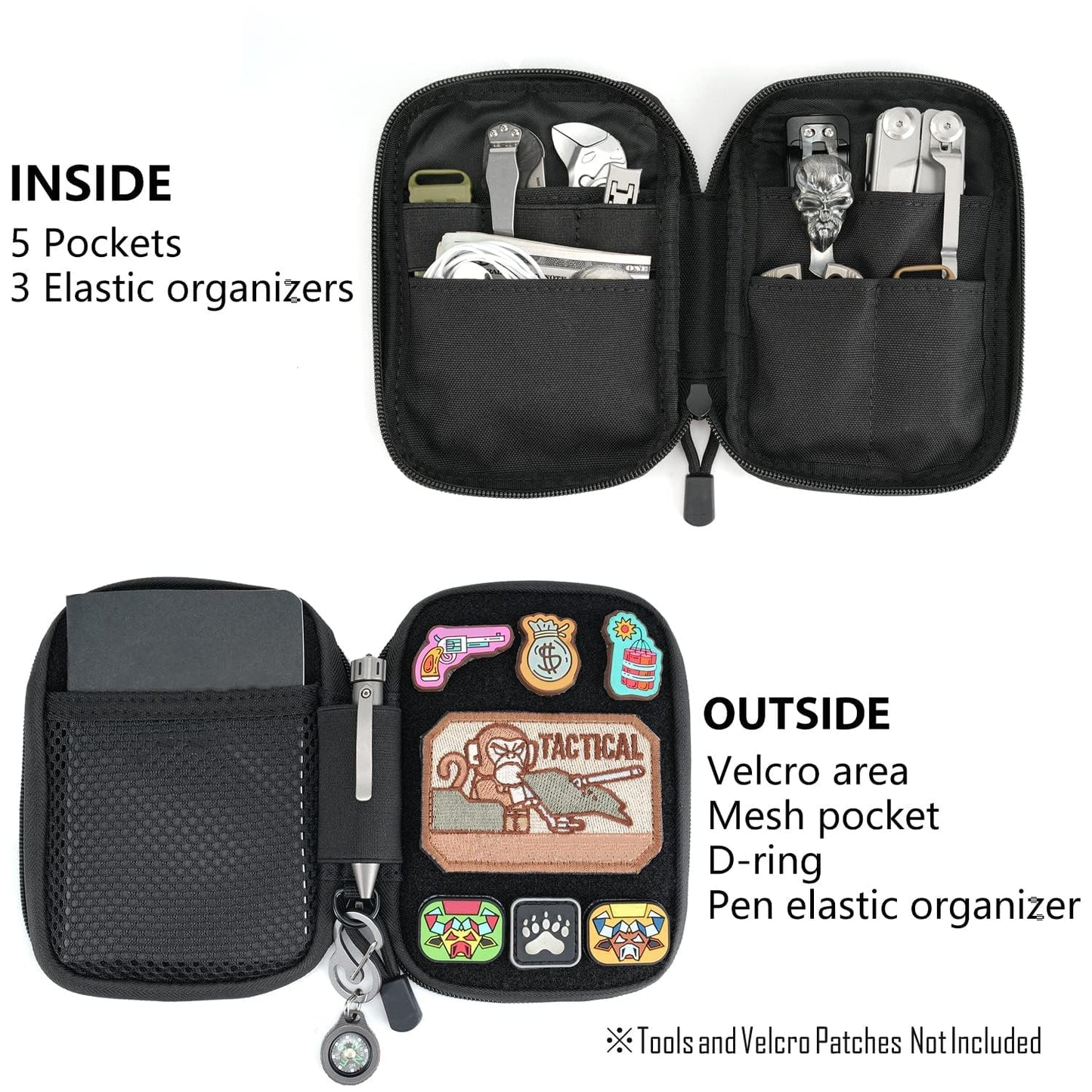 Pocket Organizer with DIY Patches Area, Nylon Utility Pouch, Small Tool Pouch for EDC Gears, Mighty Pouch with D-Ring, Pocket Pouch, Multitool Organizer Pouch