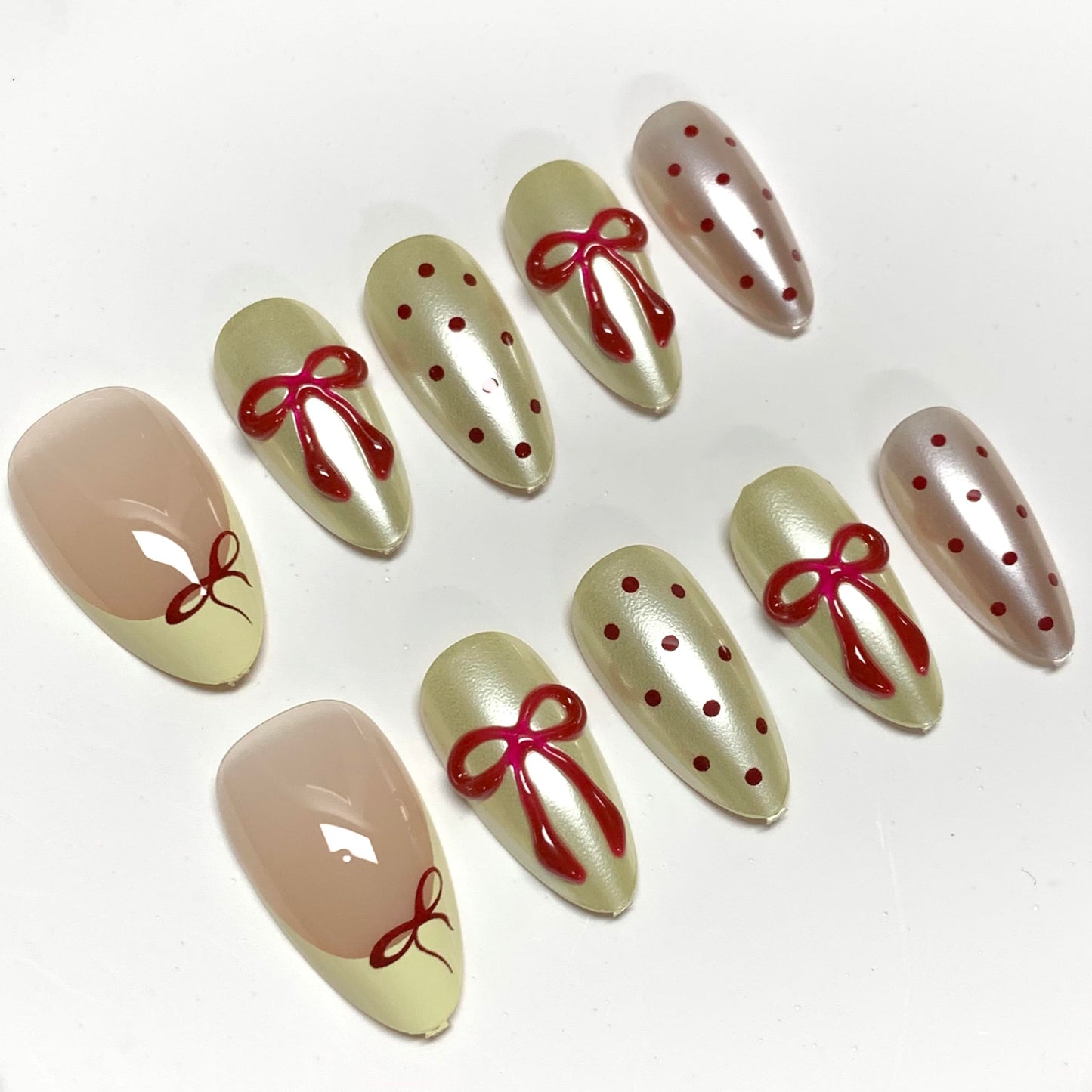 BABALAL Press On Nails, Medium Almond Fake Nails, Butter Yellow, Polka Dot, Chrome Pearl Design, 3D Red Bow, Glossy Acrylic Glue On Nails 24Pcs
