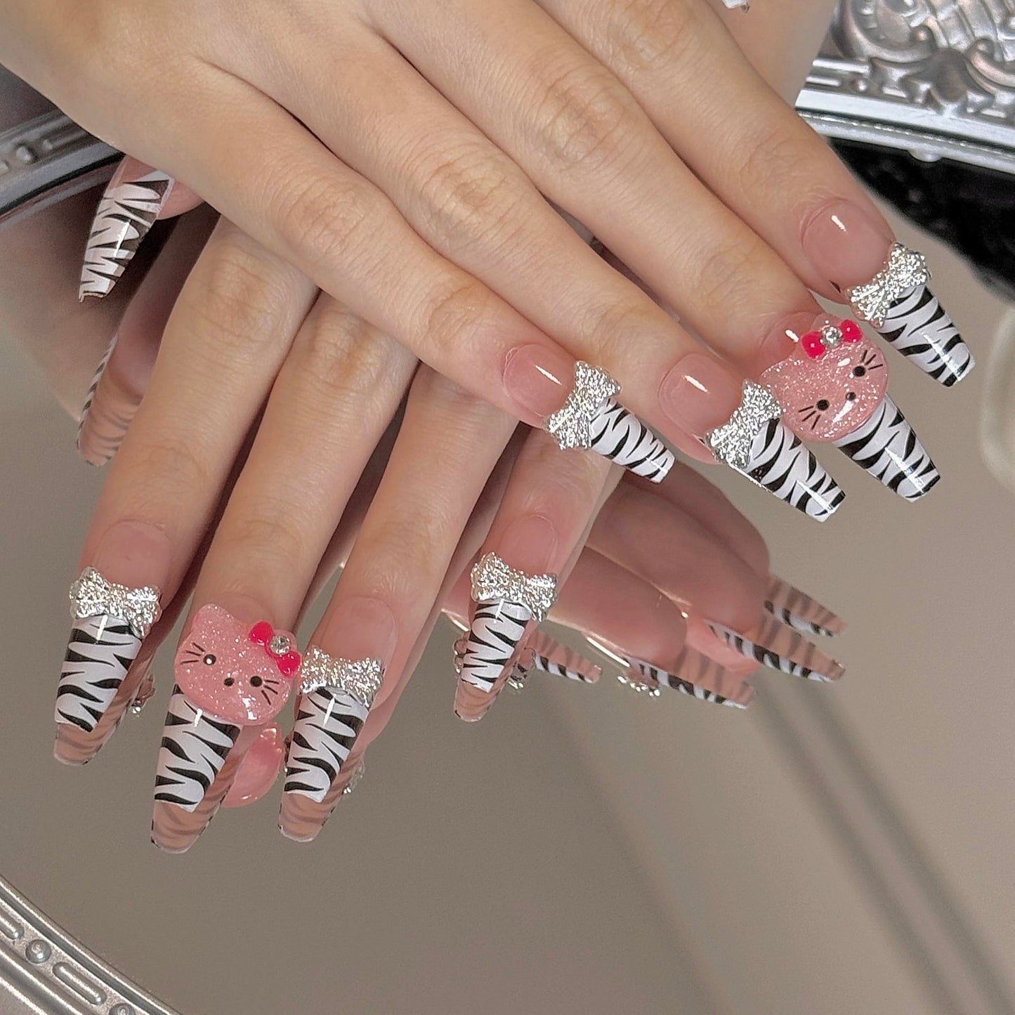 24Pcs Zebra Print Kawaii Nails Coffin Press on Nails Long Y2k Nails Bow Charms 3D Pink Press on Nails for Girls