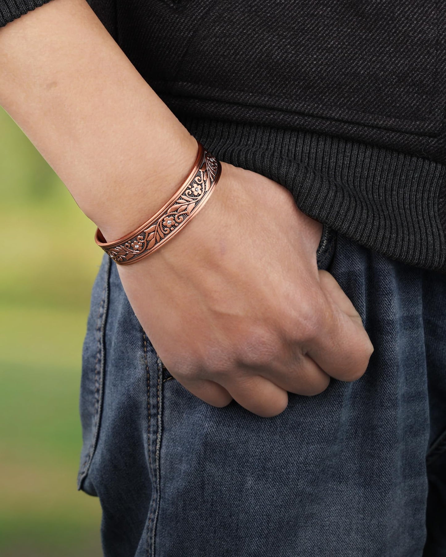 BioMag Magnetic Copper Bracelet for Women Men, 99.99% Pure Copper Cuff Bangle with 6 Pcs 3500 Gauss Magnets, Adjustable Size, Floral Vine Pattern
