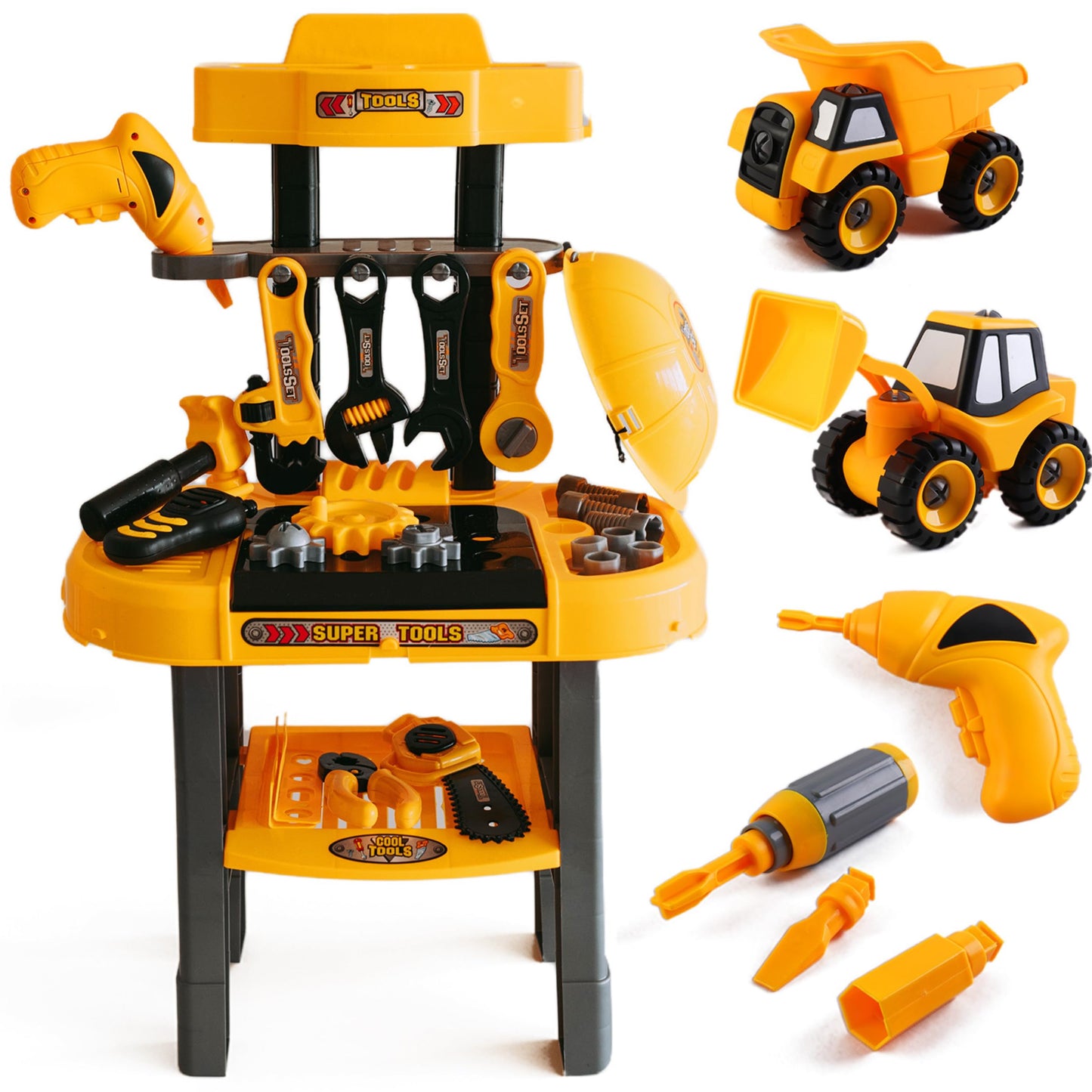 Toddler Workbench & Tool Set with Battery-Operated Drill - Includes 2 Big Take-Apart Trucks & Realistic Tools, Construction Tool-Bench Toy for Kids 3-5, Toolbox Gift for Boys 3 4 5 Years Old