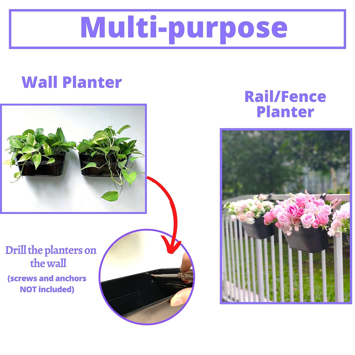 LaLaGreen Bundle - 6 Pack, 11.2 Inch Rounded Hanging Pot + 10 Pack, 6 Inch Black Metal Flower Pot, Large Outdoor Fence Deck Porch Railing Bucket, Modern Style Window Hanger Hook Balcony Plant Decor