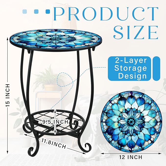 Outdoor Side Table Round Small Mosaic Patio Accent Indoor End Plant Coffee Tea Table for Yard Patio Porch Garden Living Room, Bedroom(Mandala Style,12 Inch)