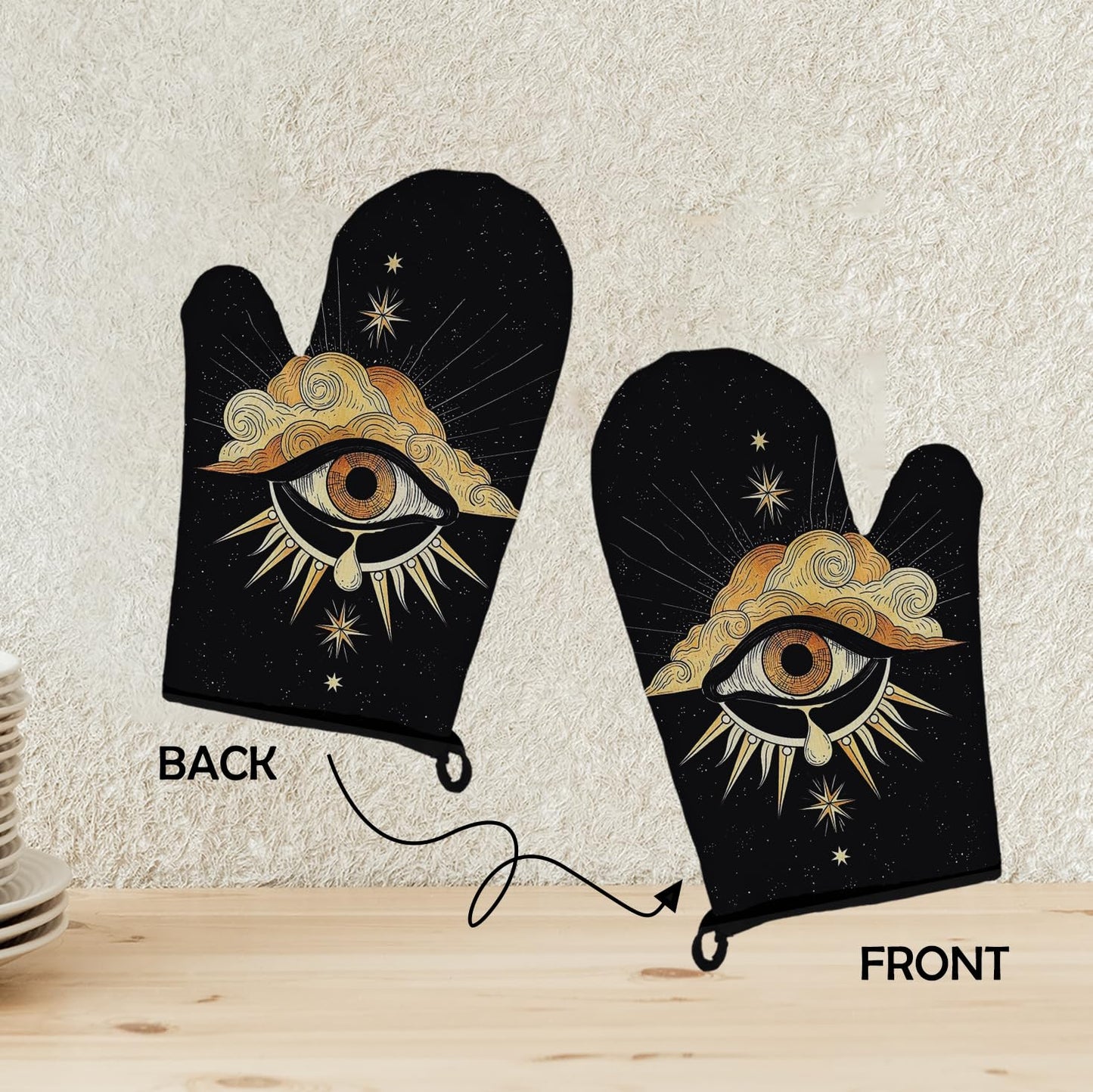 Mingnei Tarot Evil Eye Halloween Oven Mitts and Pot Holders Set, Heat Resistant Potholder Kitchen Decor for Cooking Baking BBQ Grilling, Goth Tarot Oven Glove Set, Gothic Witchy Gifts