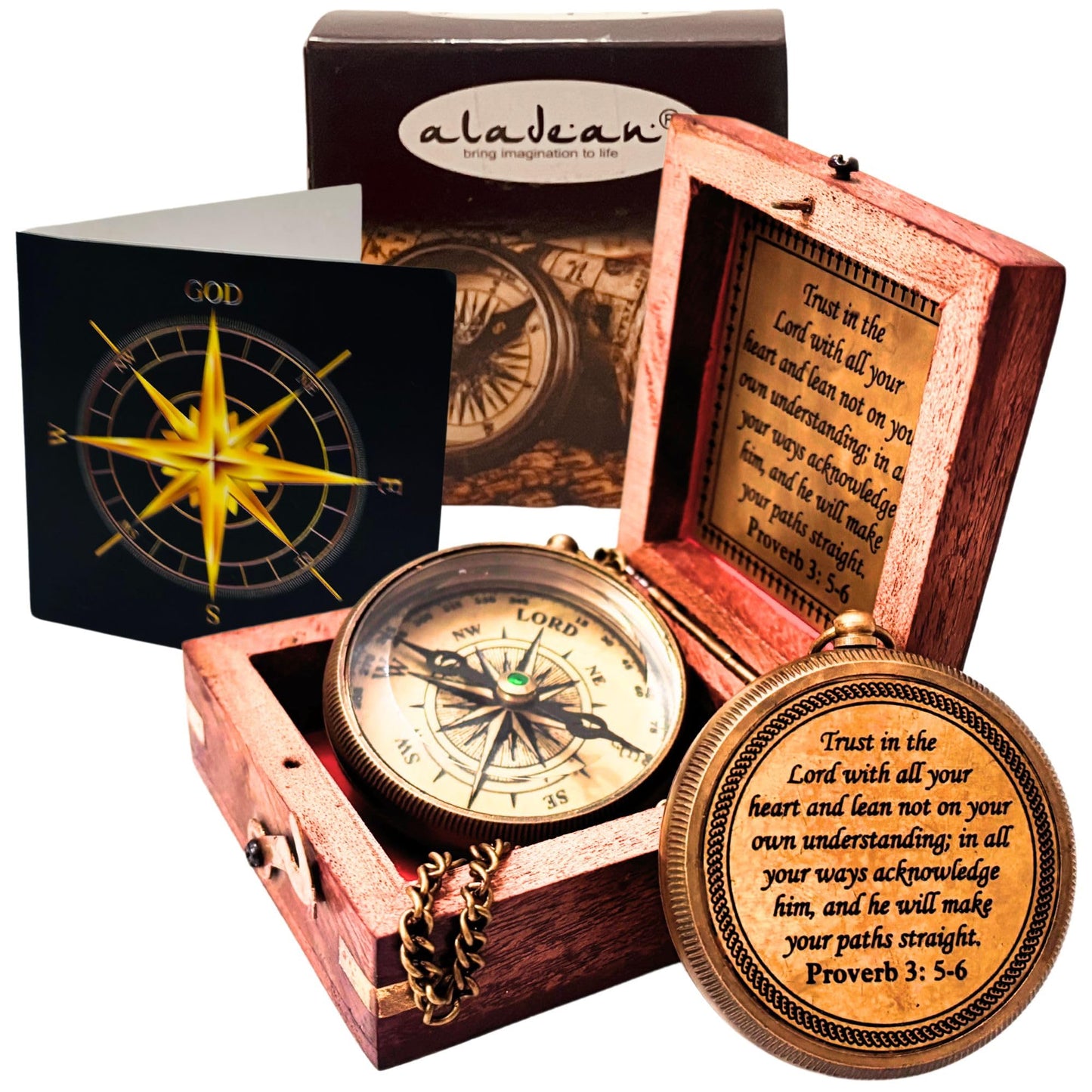 Trust in The Lord - Proverbs 3: 5-6 Engraved Compass, Wood Box Greeting, Inspirational Gift Men, Christian Boys Baptism Gifts, Graduation Day (#1 Lord's Compass)