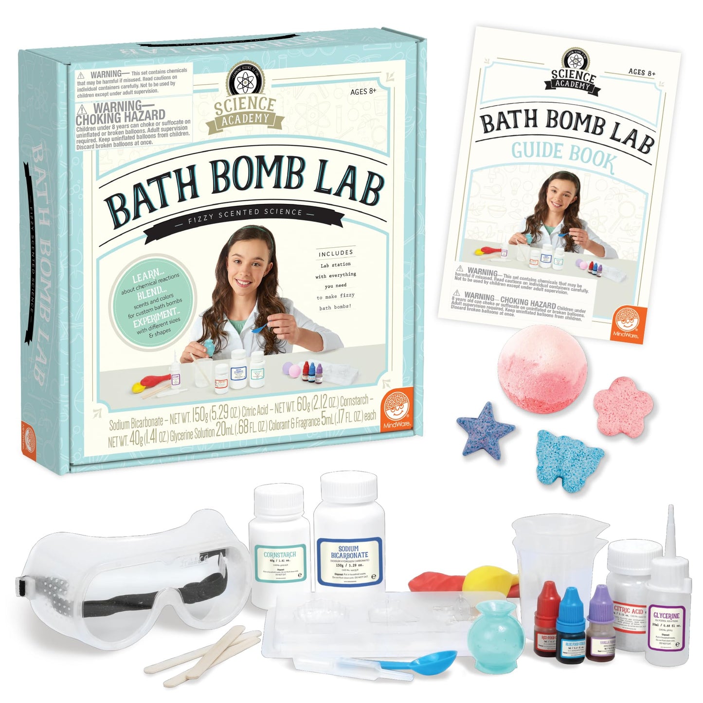 MindWare Science Academy Bath Bomb lab - A 20pc DIY Experiment kit for Boys & Girls - Make 4+ Bath Bomb Experiments - Great Gift for Children & Teenagers