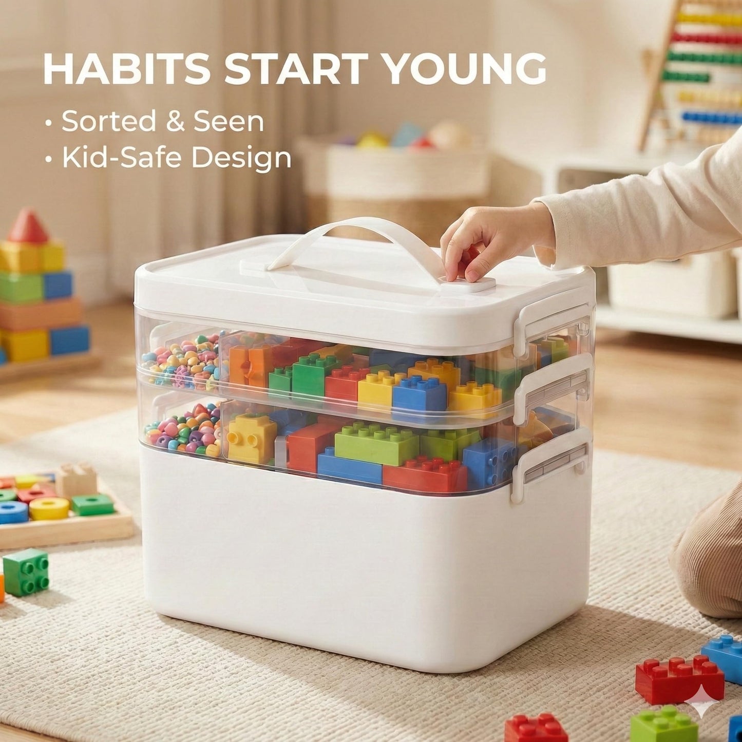 MERATIA 13.3 QT Art Supply Organizer Box with Handle, White 3-Tier Stackable Craft Storage Container with Removable Trays for Markers, Paints, Beads and Sewing Accessories 11.1''x7.7''x9.1''
