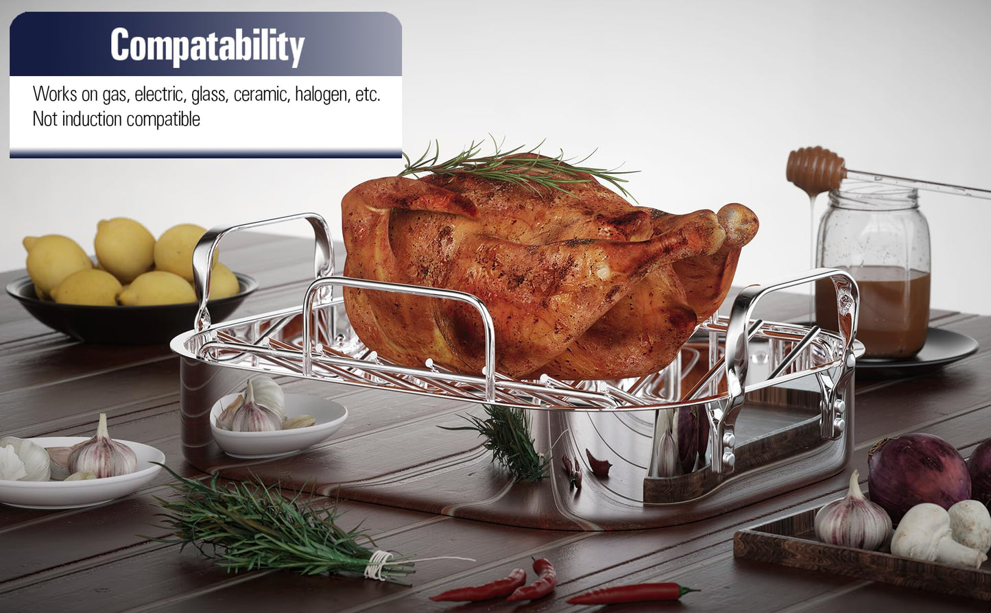 Cooks Standard Stainless Steel Roaster Pan with V-Shaped Rack, Inner 16-Inch x 13-Inch; Edge 17-Inch x 14-Inch; Turkey Roasting Pan Bakeware for Oven, Rectangular