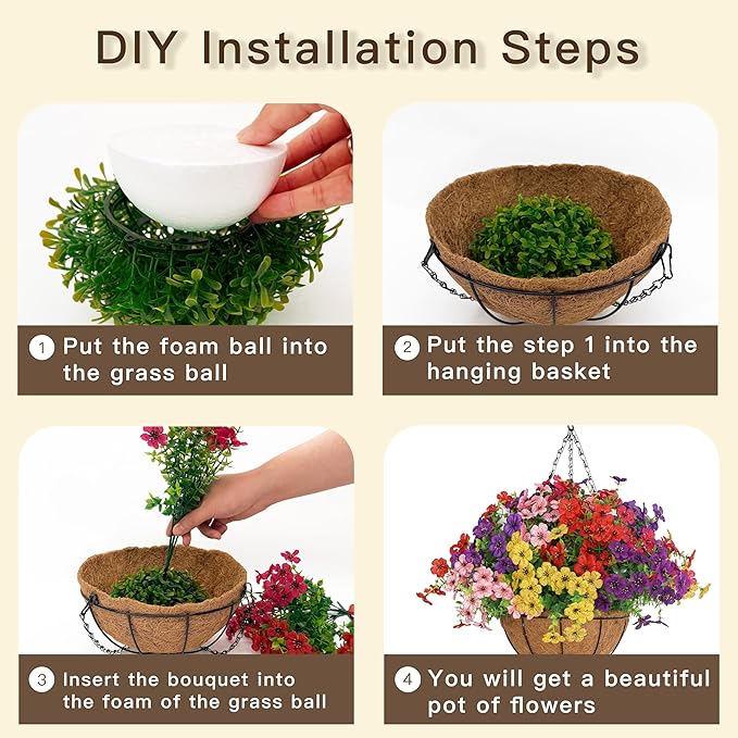 Senjie 12 Bundles Artificial Hanging Flowers with Basket for Outdoor Decor, UV Resistant Faux Flowers Fake Hanging Planter for Porch Patio Balcony