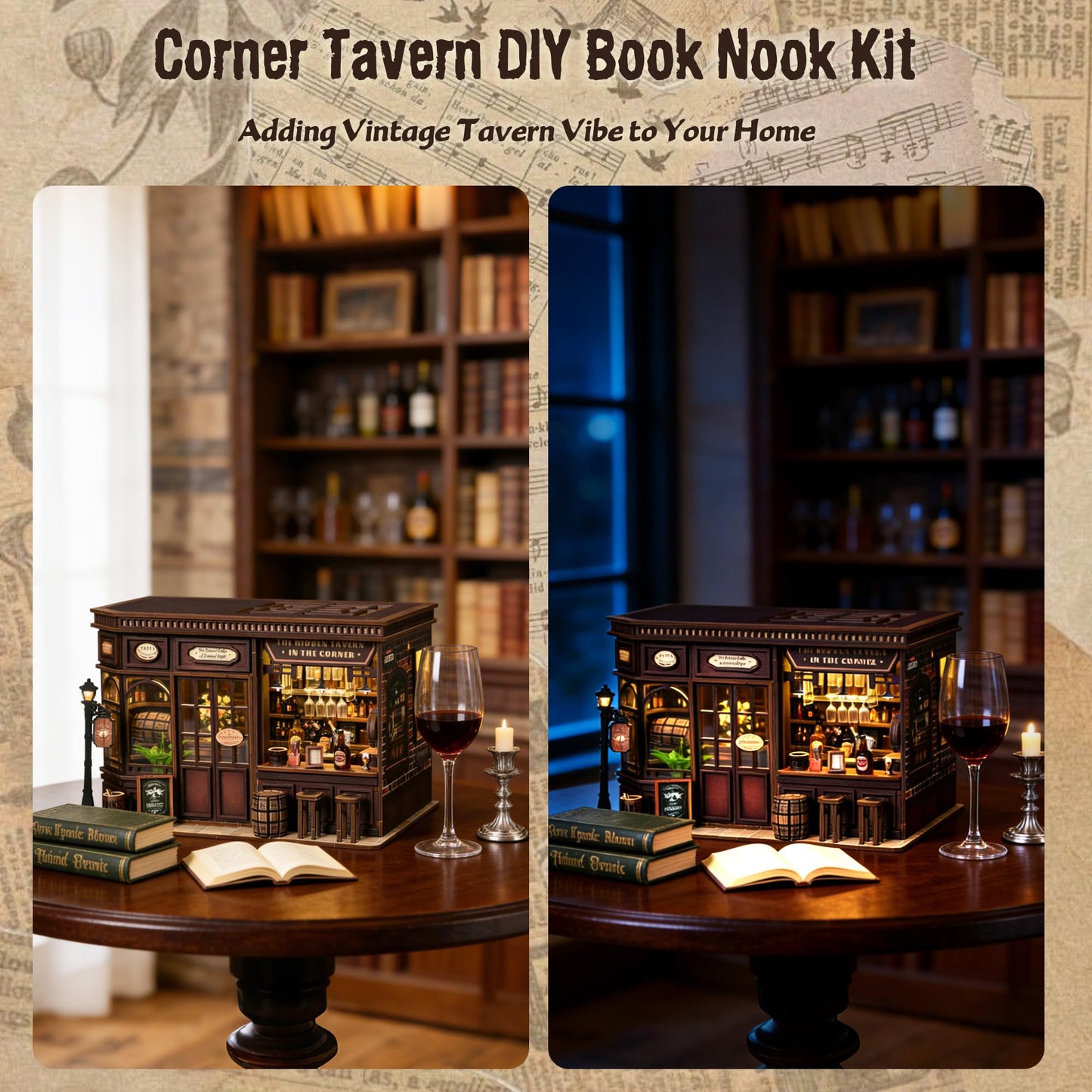 Soothee DIY Book Nook Kit with LED Lights | 3D Puzzles for Adults & Teens, Miniatures and Model Building Kits for Bookshelf Decor, Relaxing & Unique Gift for Craft Lovers | Corner Tavern