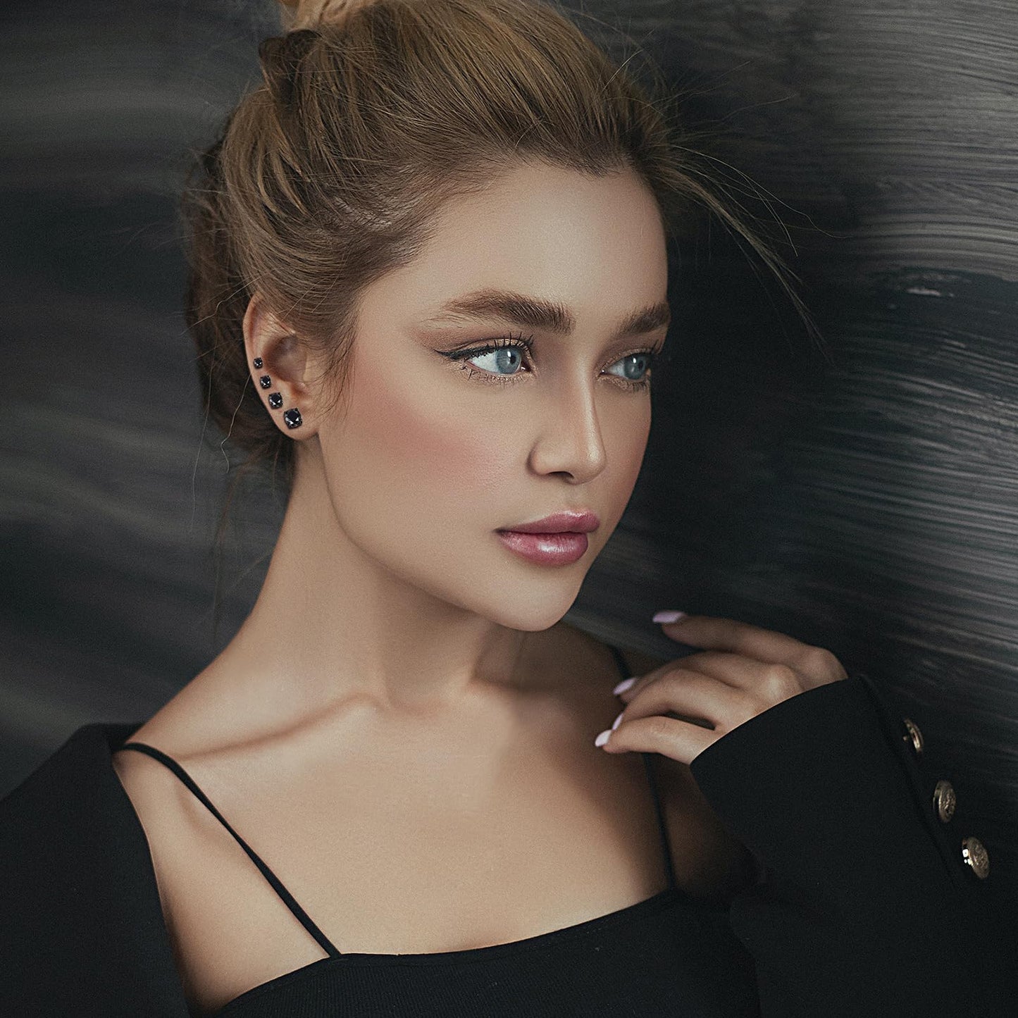 Magnetic Non-piercing Clip On Earrings: Stainless Steel 5-8mm Black CZ Inlay Round Fake Cheater Studs for Men Women, 4 Pairs