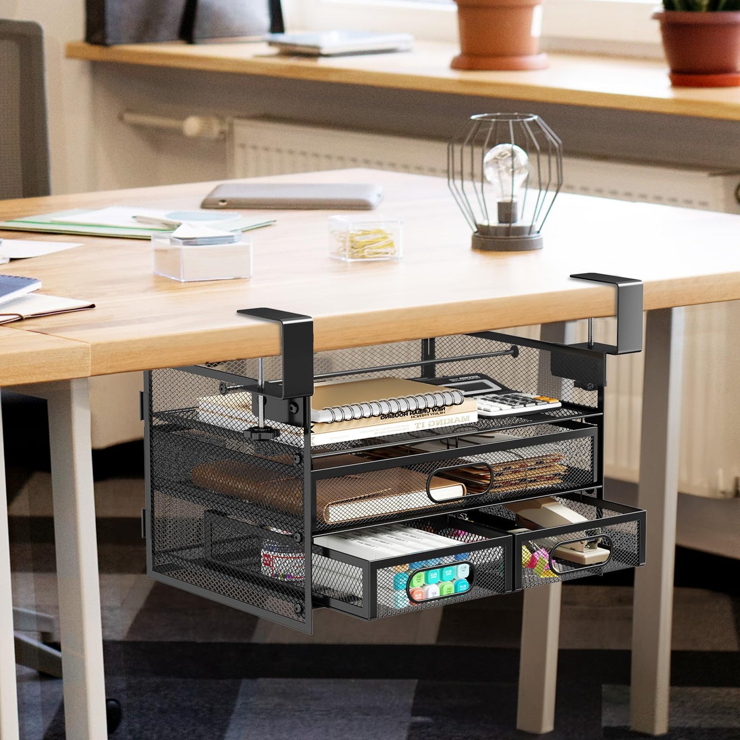 Under Desk Drawer Organizer 3 Layer, Large Under Desk Storage Side Drawers for Home & Office, Drill-Free Clamp-on Installation for Small Space, Spacious Storage for Office Supplies, Papers