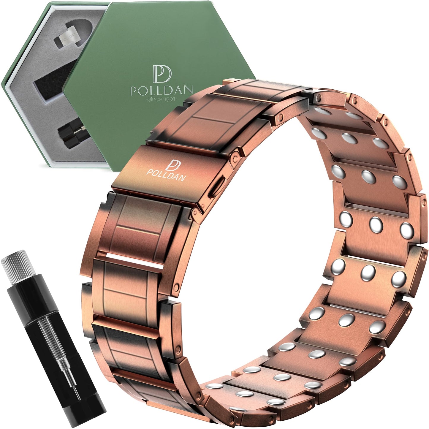 POLLDAN Copper Bracelet For Men | 6200 Gauss Power | Adjustable Magnetic Bracelet | Gift Box and Sizing Tool (3X Power)