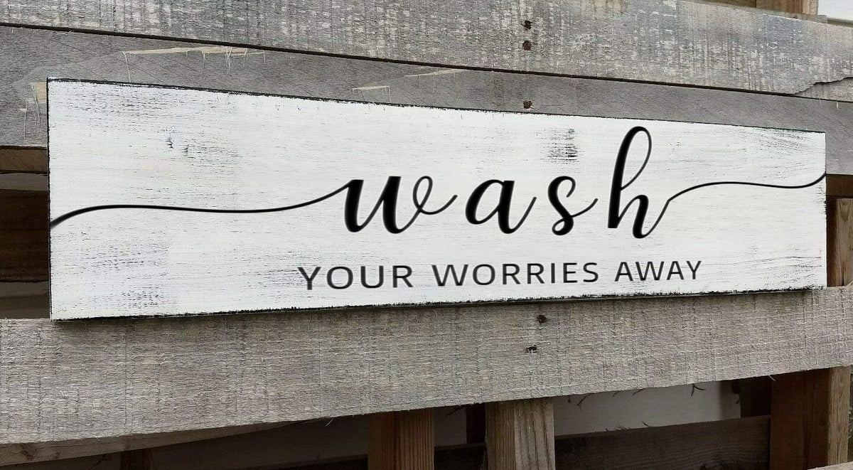 Farmhouse Bathroom Sign, Wash Your Worries Away, Rustic Wooden Bathroom Wall Art Decor, Inspirational Signs Bath Wall Hanging Art Home Decor (Wash) 4x16 Inch