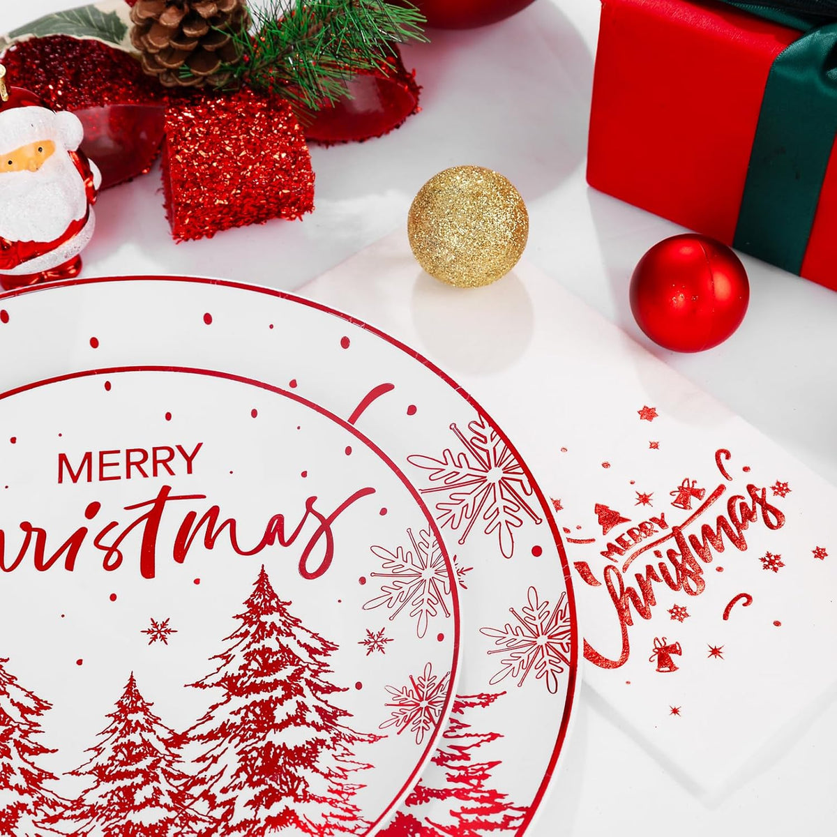 Rubtlamp 175 Pcs Christmas Plastic Plates And Napkins, Christmas Plates Disposable, White And Red Plastic Dinnerware Include 25Dessert Platos, 25Dinner Platos, 75 plastic cultery, 25Cups, 25Napkins