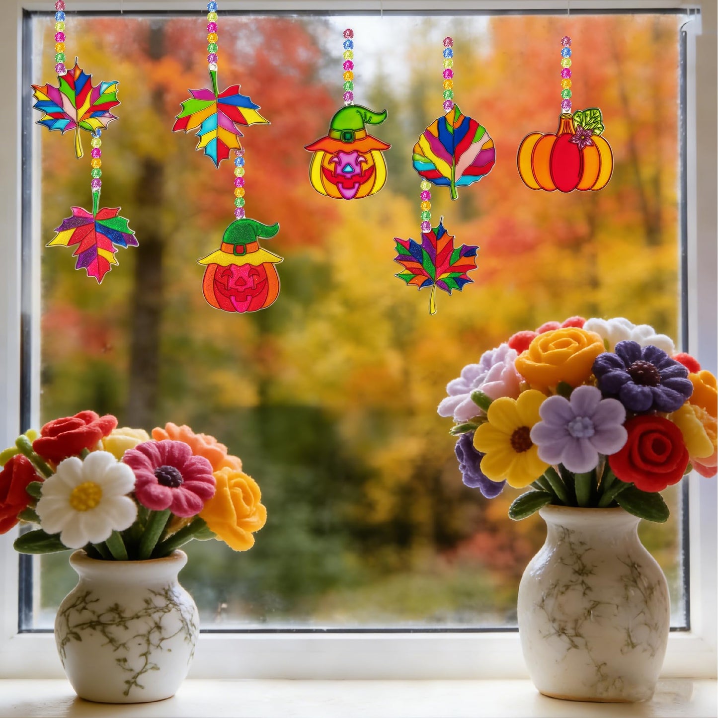 Ayhuhra 30 Sets Fall Leaf Pumpkin Suncatchers Craft Kits DIY Window Suncatchers Fall Pumpkin Arts and Crafts Activities Halloween Sun Catchers for Seniors Autumn Halloween Art Project