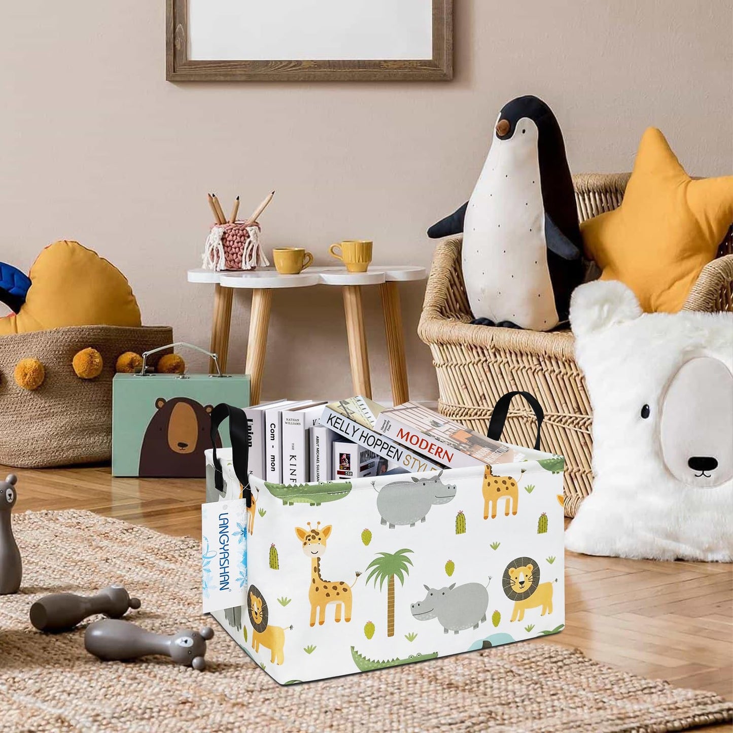 LANGYASHAN Rectangular Storage Bin Collapse Canvas Fabric Cartoon Storage Basket with Handles for Organizing Home Kitchen Boys and Girls Toys Office Closet Shelf Baskets (Rec animal)