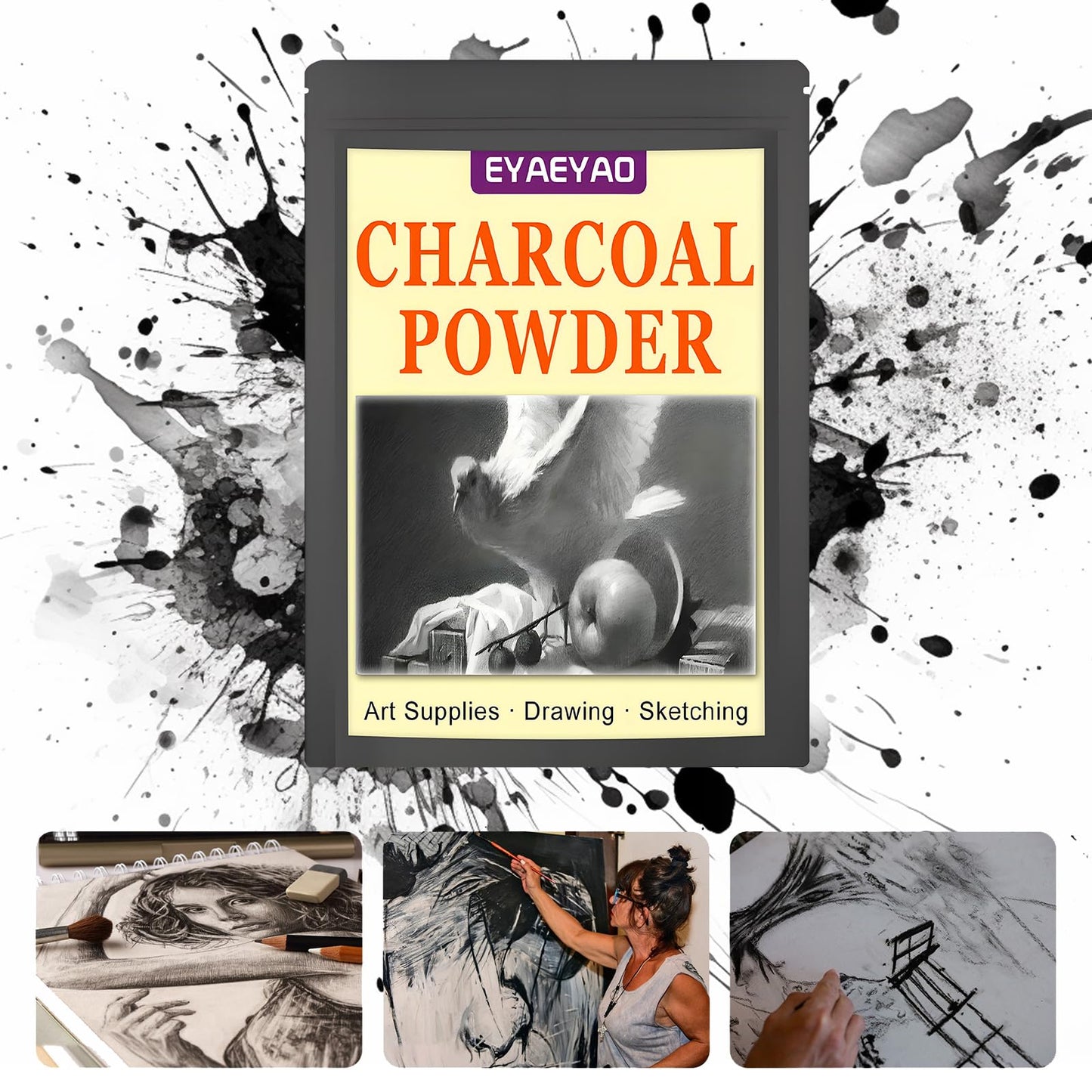 Eyaeyao Premium Charcoal Powder for Drawing and Art, Drawing Charcoal for Sketching, Shading, Blending with Beginners & Pro Artists (16 Ounces)