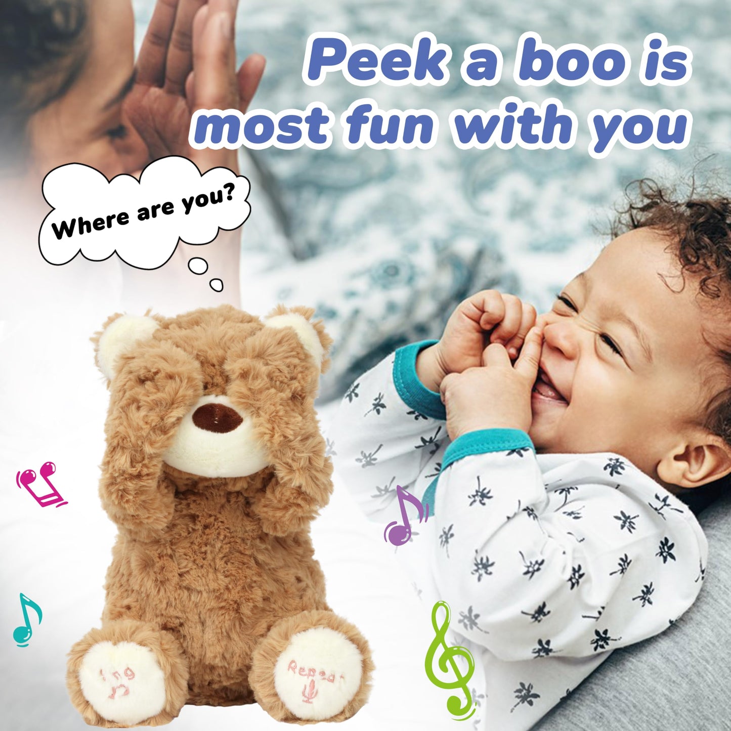 Hopearl Peek A Boo Bear Interactive Repeats What You Say Plush Teddy Bear Toy Musical Singing Talking Stuffed Animal Adorable Electric Animate Gift for Toddlers, Brown, 11''