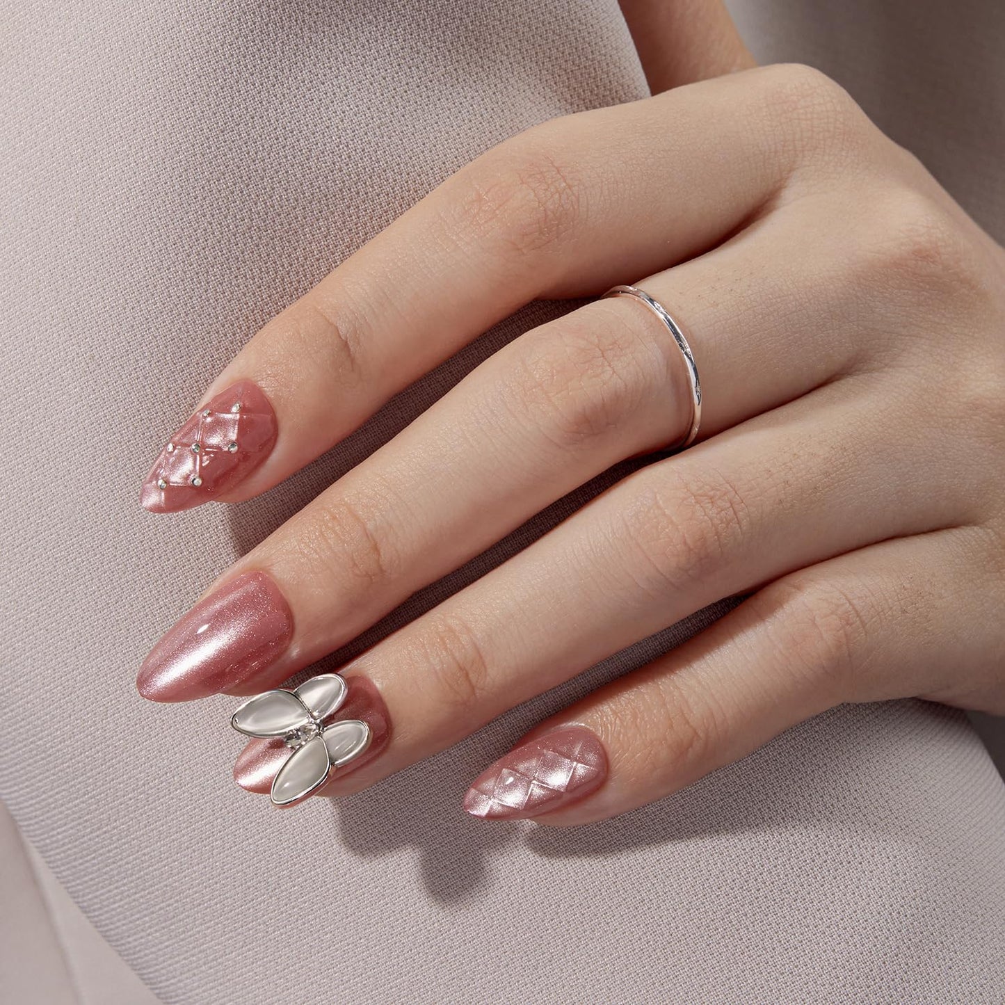 Press on Nails - Short Almond Pink Cat Eye Butterfly Nails & Blue Cat Eye - 2 Reusable Nails Kit (Nourishment Nails & Mini Pack) - 16 Sizes