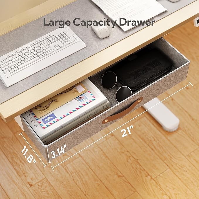 Seang Standing Desk with Drawer, 48" x 24" Height Adjustable Stand Up Desk, 3 Memory Height Settings with Cable Grommets & Storage Hooks, Ideal for Home & Office, Nature