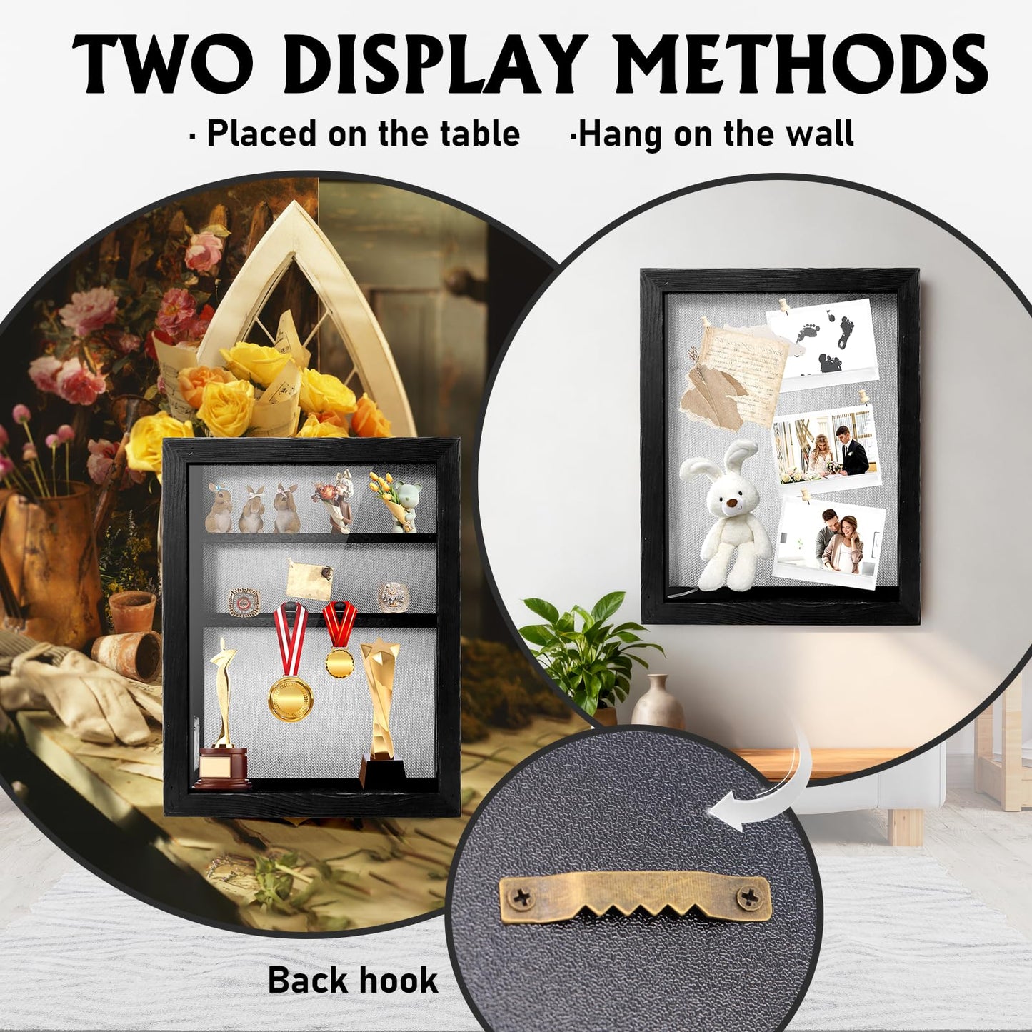 Shadow Box 14x11 Black Picture Frames Display Cases with LED Light,Memory Keepsakes Boxes with 4 Removable Trinket Shelf,for Anniversary Wedding Baby Graduates Memorial Collect-Distressed Retro
