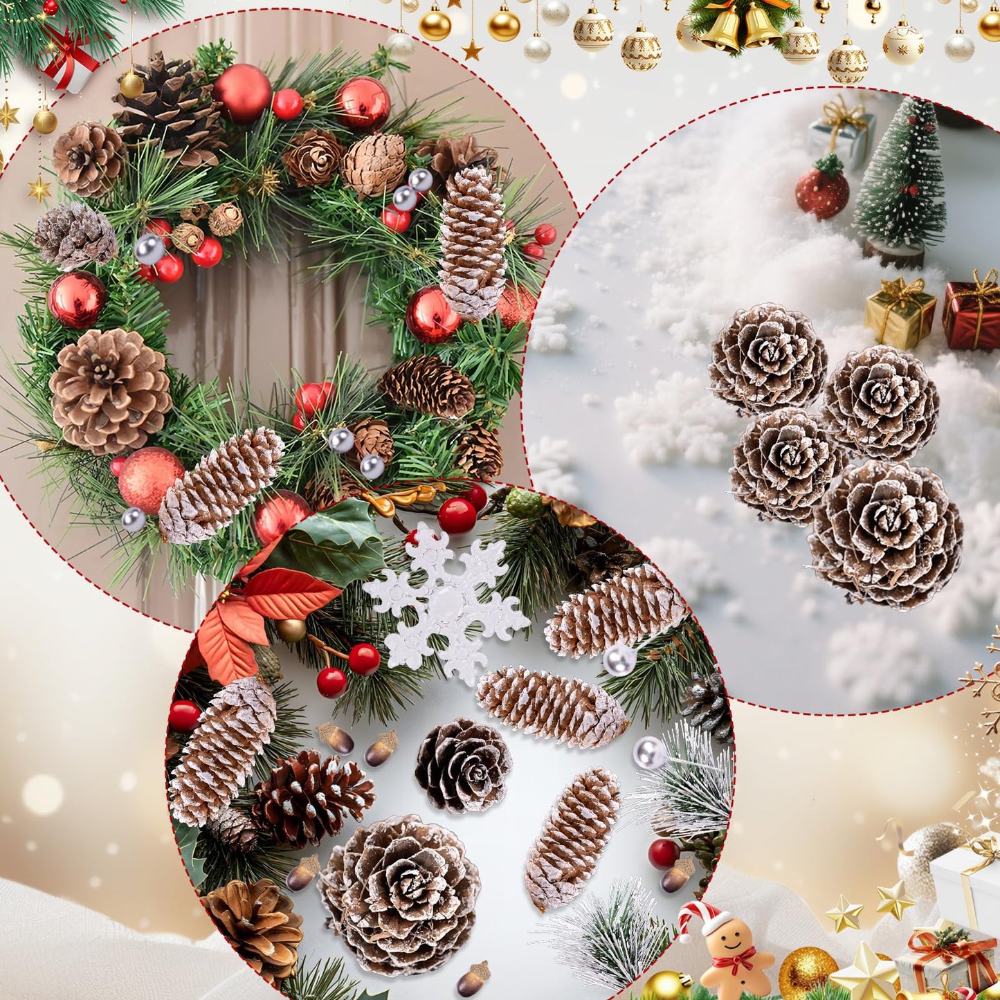 Christmas Decorations Pine Cones, 138PCS Natural Pinecones Berry Pine Branch Snowflake Set, White Christmas Ornaments Indoor Table Decor for Home Winter Decoration, Wreath Making Supplies