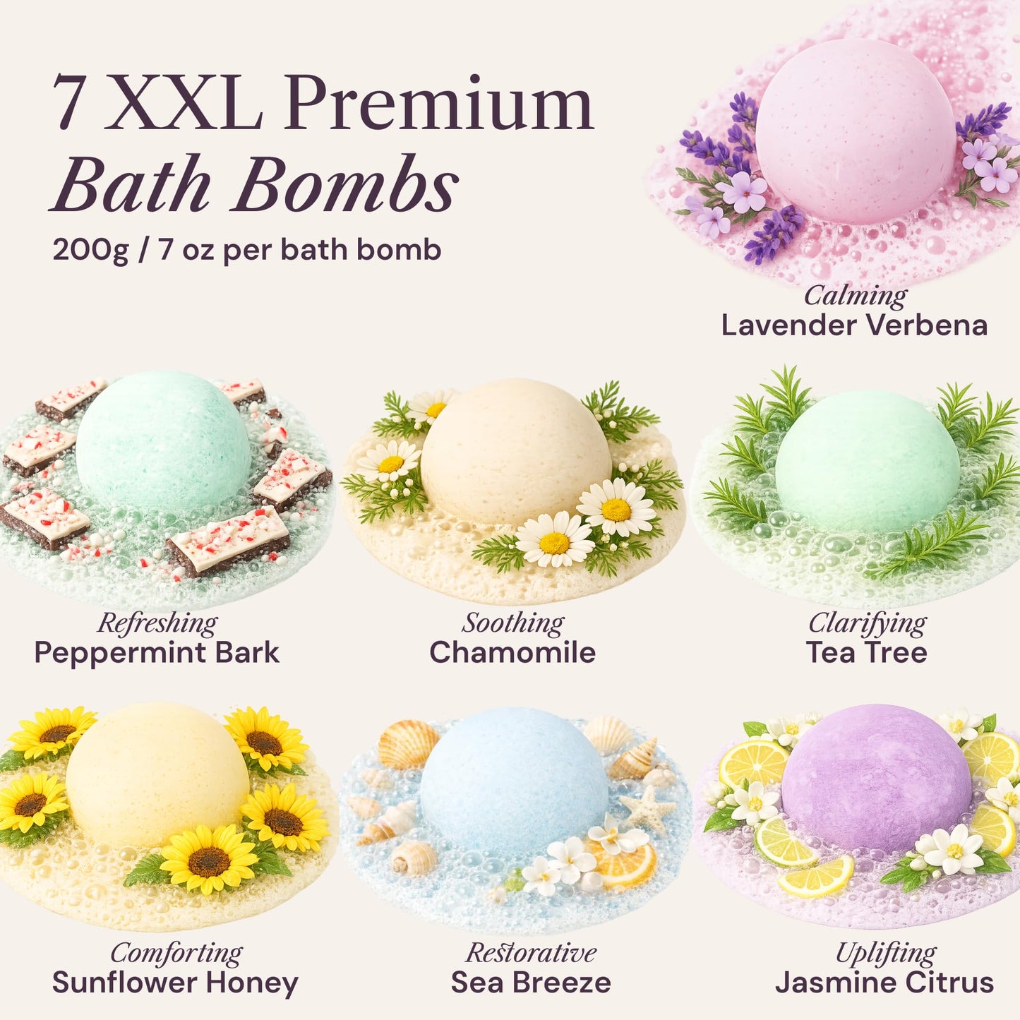 ADELEGOURDAIN Bath Bombs Set 7 pcs XXL Size - Gift Set for Women, 200g/7oz, Mineral Bath Bombs for Sensitive Skin, Gift Set or Birthday or Mothers Day, Gift Box Idea for Her