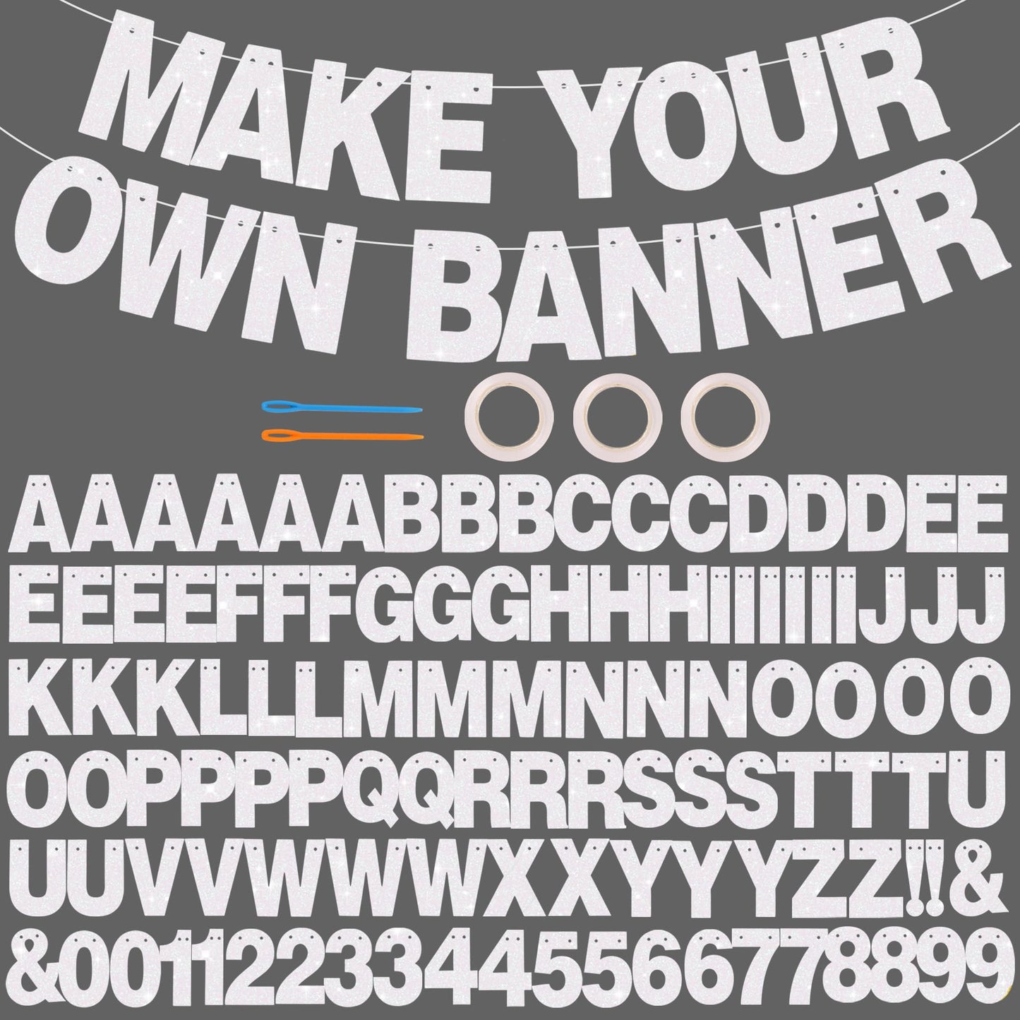 BEISHIDA 116 PCS A-Z DIY Letter Banner Kit Make Your Own Banner Including 111 Letters and Numbers 3 Rope and 2 Threading Device,Customized for Birthday Graduation Wedding Decor Glitter White