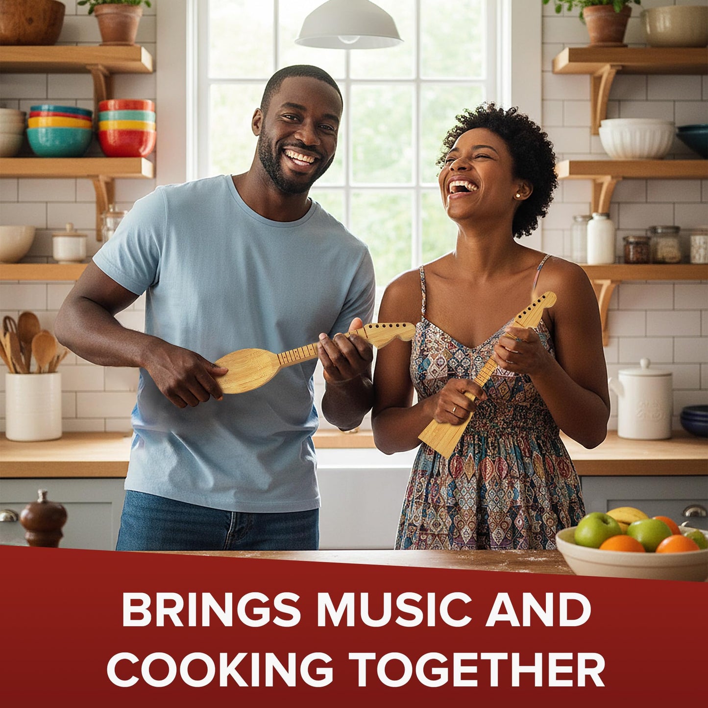 Rise8 Studios Guitar Bamboo Cooking Utensils Set (4-Piece) | Wooden Spoons and Spatulas | Fun Music Themed Kitchen Gadgets & Accessories | Unique Gift for Musicians, Guitar Players