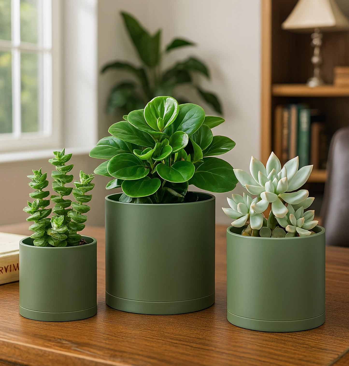 D'vine Dev 4 Inch 5 Inch 6 Inch, Set of 3 Plastic Planter Pots for Plants with Drainage Hole and Seamless Saucers, Olive, Small, 74-V-I-1