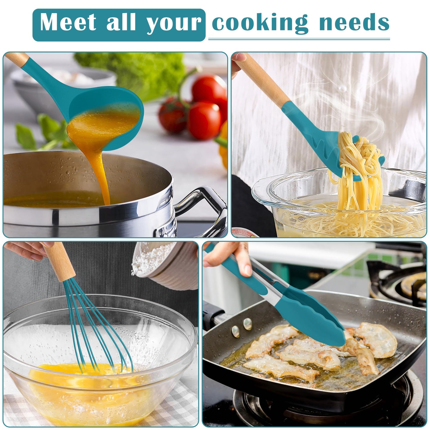E-far Blue Silicone Cooking Utensils Set, 10-Piece Kitchen Utensils Set with Wooden Handle for Nonstick Cookware, Heat Resistant Kitchen Nonstick Tools Spatula Whisk Tongs Ladle, Non-toxic & Healthy