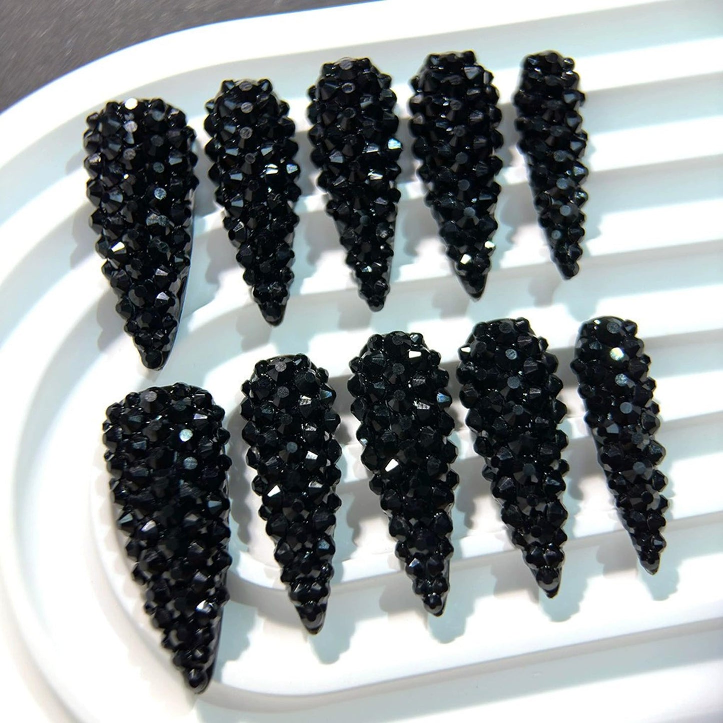 Almond Press on Nails Long Black Rhinestones Handmade Fake Nails Luxury Full Cover False Nails with 3D Designs Acrylic Nails Press Ons Sparkly Reusable Stick on Nail for Women 10Pcs(Size M)
