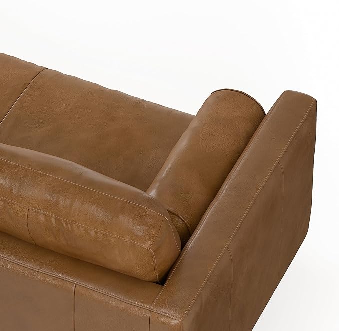 SIMPLIHOME Morrison 72-inch Wide Sofa in Caramel Brown Top Grain Genuine Leather, Mid-Century Modern-Style Loveseat for Living Room, Single Bench Cushion, Removable Back Cushions, 2 Bolster Pillows
