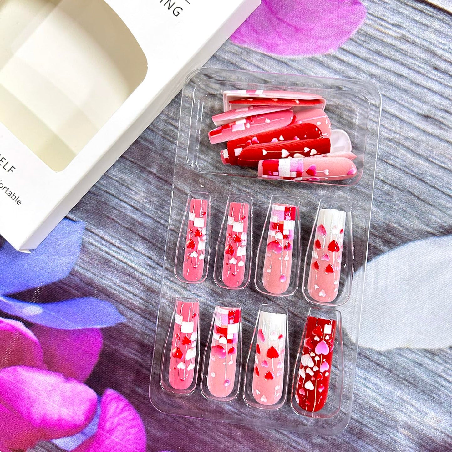 Valentine's Press on Nails Long Length Valentine's Acrylic Nails 3D Pink Red Love Heart Design Full Cover Glue on Nails Glossy False Nails Valentines Stick on Nails for Women Holiday Nails