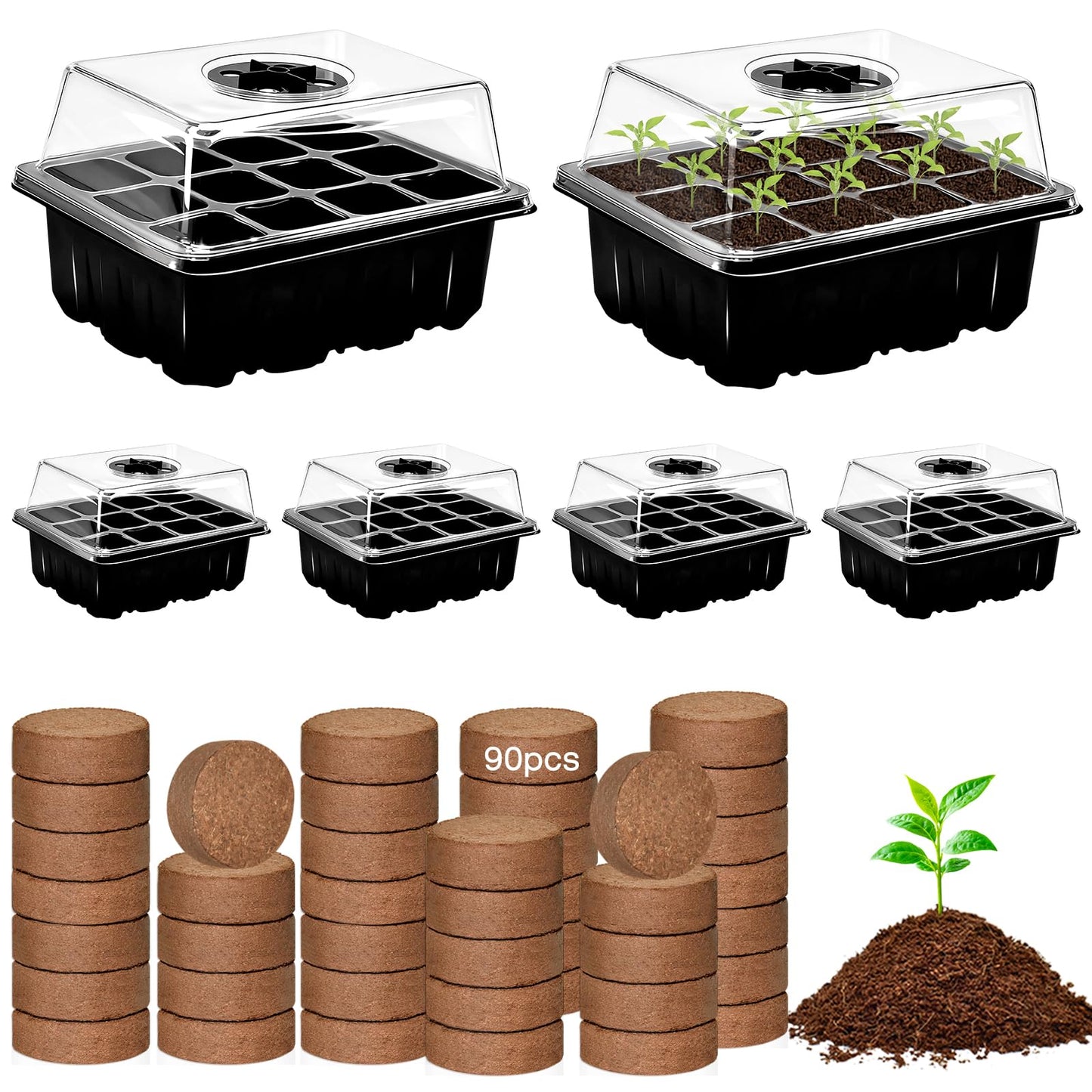 ZeeDix 6 Set Seed Starter Tray Kits, 6 Pack Seed Trays with 90 Pack Coco Coir Pellets, Adjustable Humidity Germination Tray with Dome Lids for Indoor Plants, Mini Greenhouse for Vegetables Garden