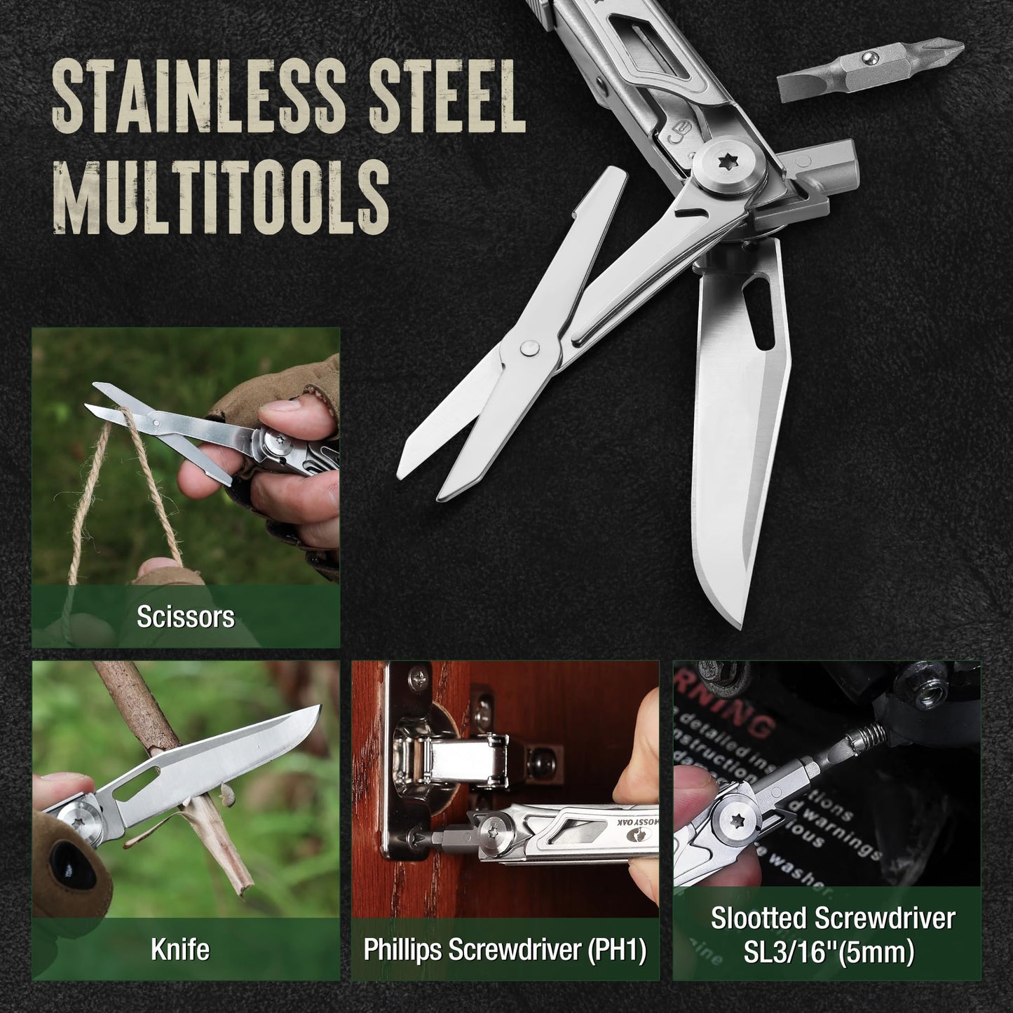 Mossy Oak 12-in-1 Multitool Pocket Knife with Pouch, Stainless Steel Multitool Knife with Clip, Survival Tools with Scissors, Bottle Opener, Wire Stripper, Glass Breaker, Screwdriver
