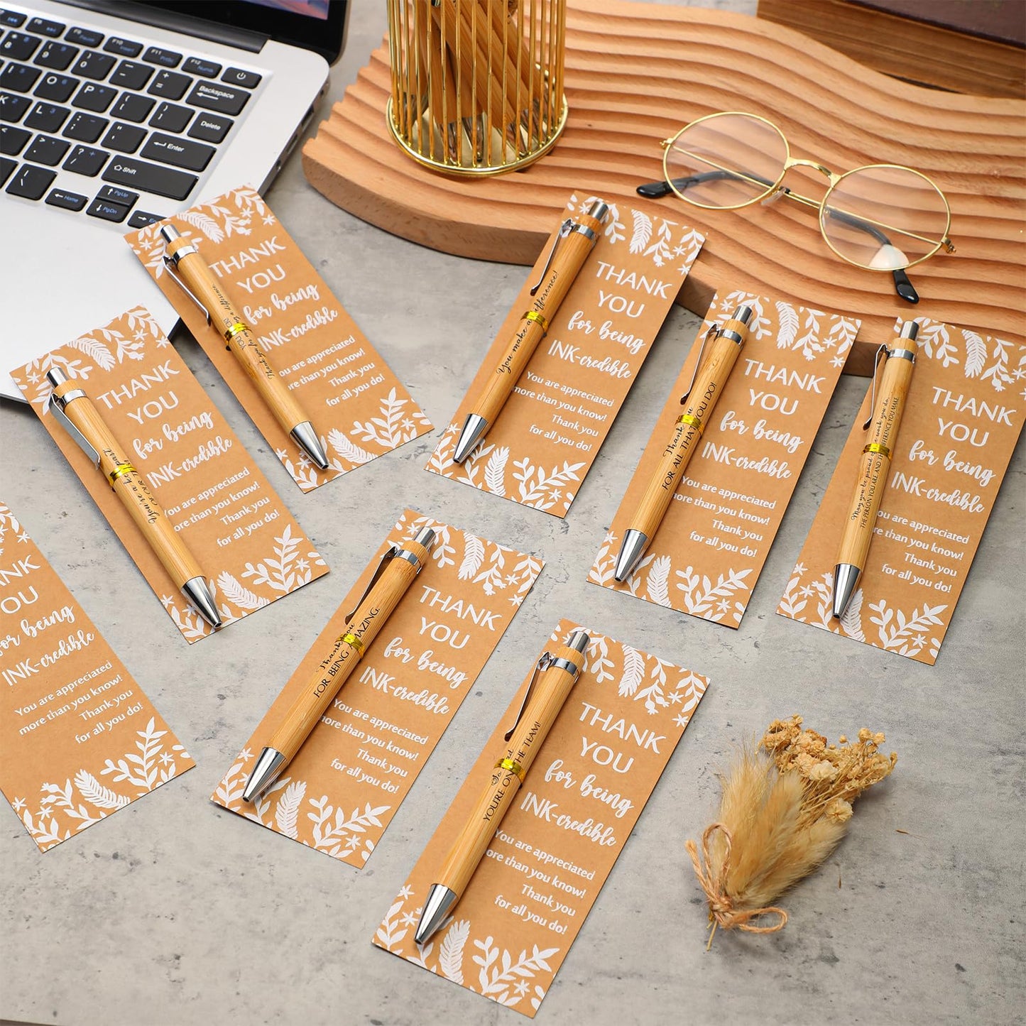 ReliThick 50 Sets Employee Appreciation Gift Bulk Inspirational Bamboo Ballpoint Pen with Thank You Greeting Card Graduation Appreciation Gift for Teacher Coworker Nurse Staff Student Office Team