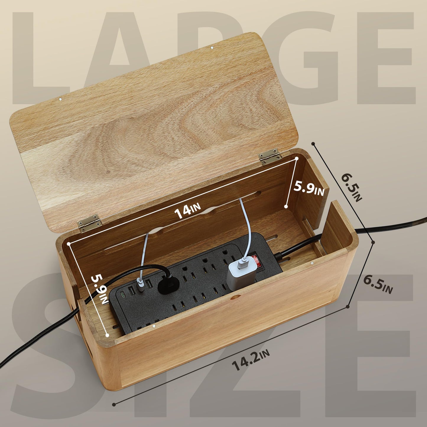 YCLYC Large Acacia Wood Style Cable Management Box, Cord Organizer Power Strip Box with Magnetic Outlet Covers, Cord Hider for Desk and Floor Cable Storage, Ventilated Design