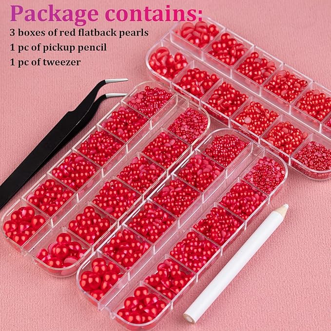Belleboost Flat Back Pearls Kits 3 Boxes of Flatback Red Half Round Pearls with Pickup Pencil and Tweezer for Home DIY and Professional Nail Art, Face Makeup and Craft