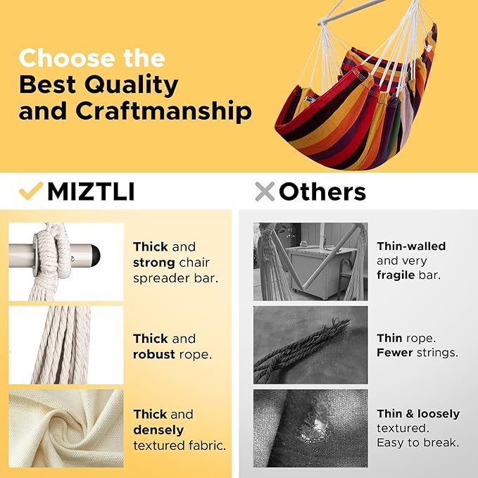 Miztli Hammock Chair with Hanging Chair Cover – 2 Cushions, Steel Spreader Bar with Anti-Slip Rings, Comfortable Indoor & Outdoor Hanging Chair – Includes Protective Waterproof Cover (57x45.5 in)