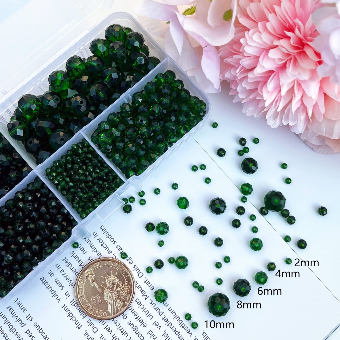 JEBBO 1000pcs Green Rondelle Crystal Glass Beads 2mm 4mm 6mm 8mm 10mm Mixed Sizes, Faceted Briolette Crystal Glass Spacer Beads for Jewelry Making with Container Box