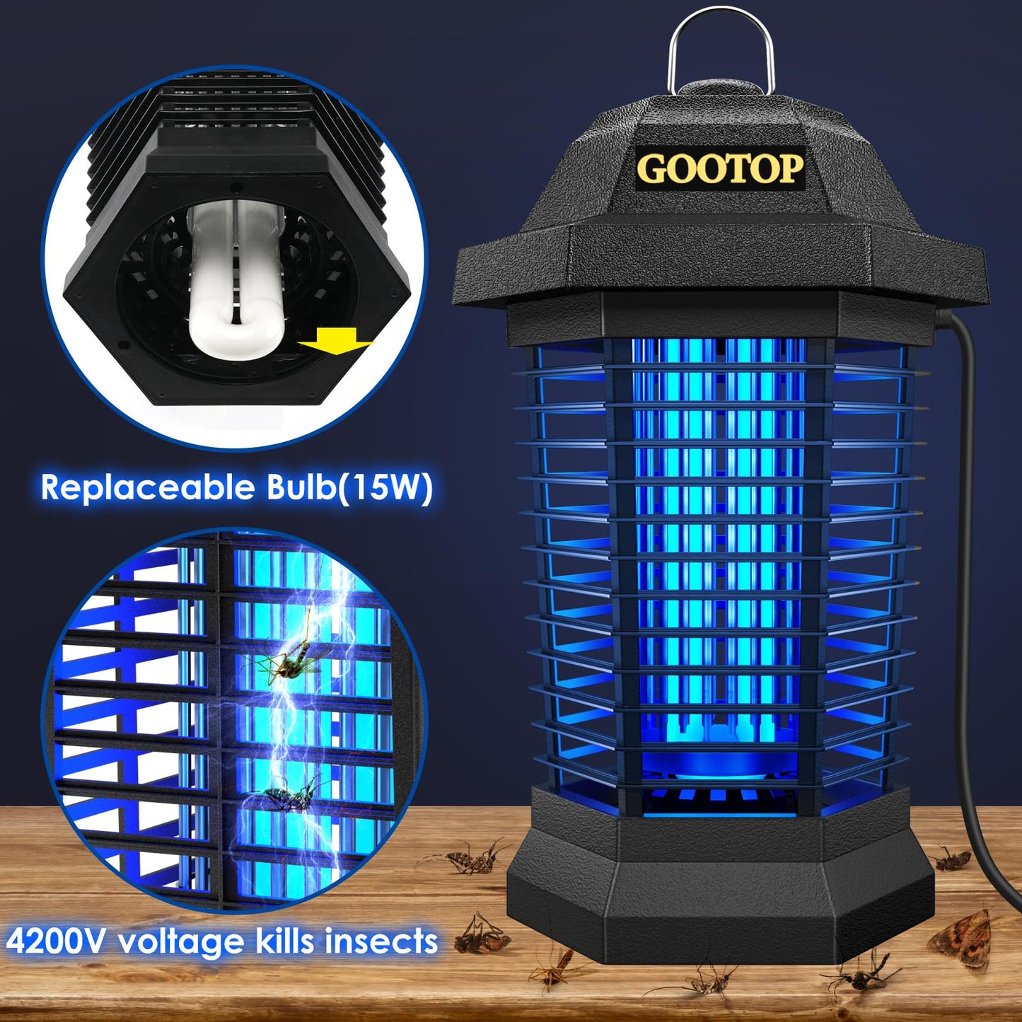 GOOTOP Bug Zapper Outdoor, Mosquito Zapper, 3 Prong Plug in Electric Fly Zapper, Mosquito Killer, Fly Traps, Flying Insects Zapper Indoor Outdoor, 4200V, ABS Plastic Outer (Black)