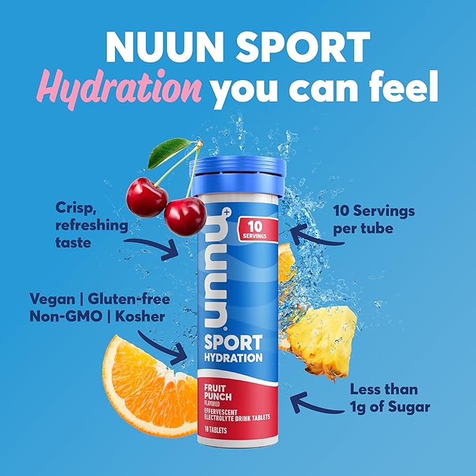 Nuun Sport Electrolyte Tablets with Magnesium, Calcium, Potassium, Chloride & Sodium, Gluten Free & Vegan, Fruit Punch, 4 Pack (40 Servings Total)