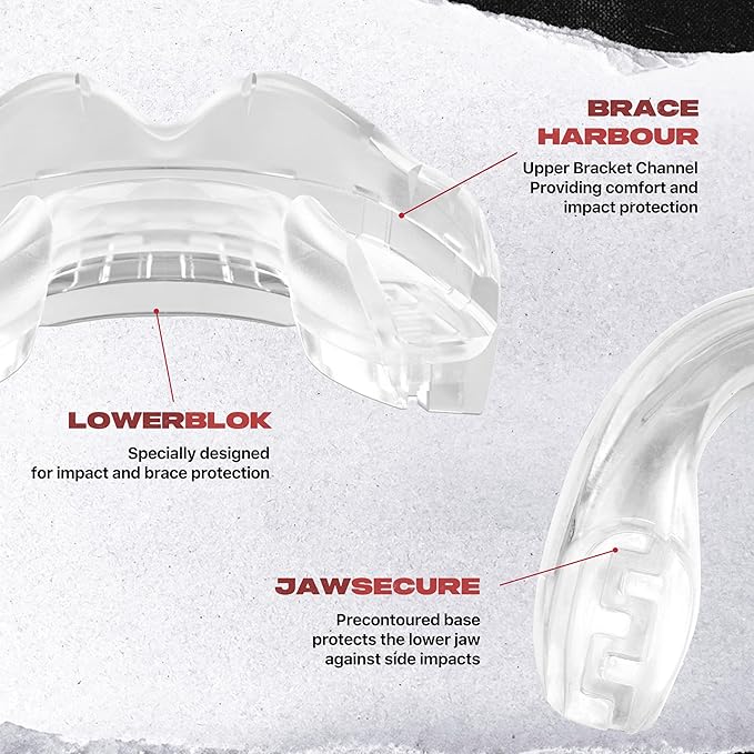 SAFEJAWZ Mouthguard for Braces, Upper & Lower Protection Remoldable Mouth Guard with Case for Boxing, Basketball, Football, MMA, Lacrosse, Hockey and All Contact Sports One Size (Transparent)
