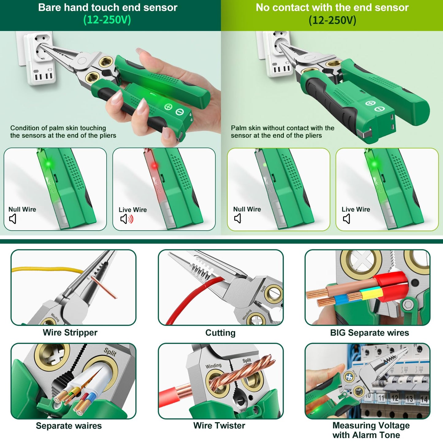 GADO Pro 8-in-1 Wire Stripper/Cutter with Voltage Tester & Dual Alarms - Heavy Duty 12-250V AC/DC Electrical Tester for Hot/Neutral Wires - Electrician, HVAC, Car Repair Tool (Green)