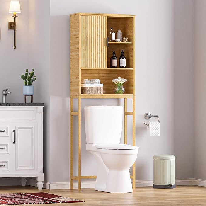 MUPATER 66.9” Bamboo Over The Toilet Storage Cabinet, Bathroom Space Saver, Bathroom Freestanding Over The Toilet with Open Storage, Natural