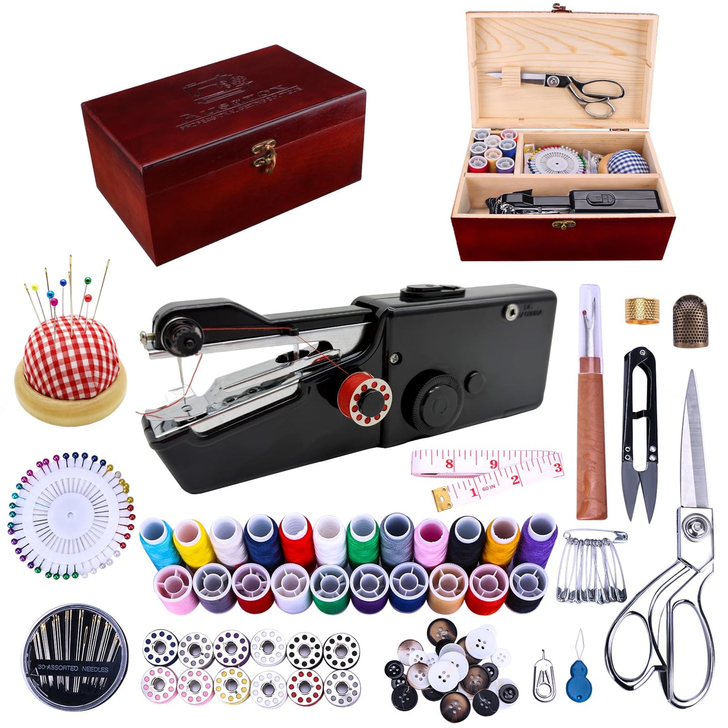 Hand Held Sewing Machine, with Red Wooden Sewing Box and 143 PCS Sewing Kit, Mini Portable Handheld Sewing Machine for Adults and Beginners, with a Power Adapter and Heavy-Duty Scissors