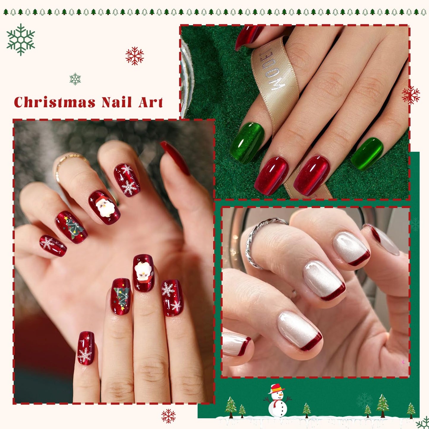 CUZIAM Christmas Press on Nails Short Square Set, 150pcs Jelly Glass Mirror Chrome Cat Eye Nails, Shimmer Snow White Glitter Cherry Red Ruby Holographic Elk Brown Sparkle Green Nails with Stickers