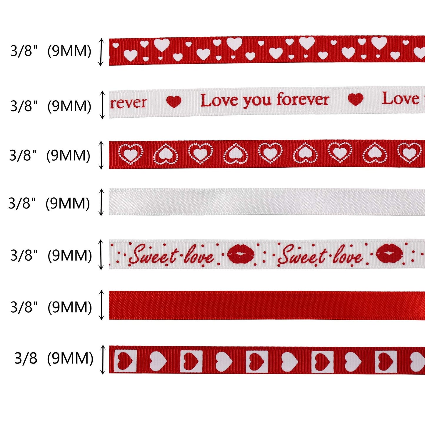 SCECALA 7 Rolls Red Ribbon (35 Yards Total) - Gold Foil Stamped Love You Forever Polyester Heart White Ribbon 0.63" for Gift Wrapping, Flower Bouquets, DIY Crafts, Party Decorations